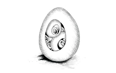 Illustration showing an egg with holes in it, showing smaller eggs inside, which in turn have even smaller eggs in them, and so on