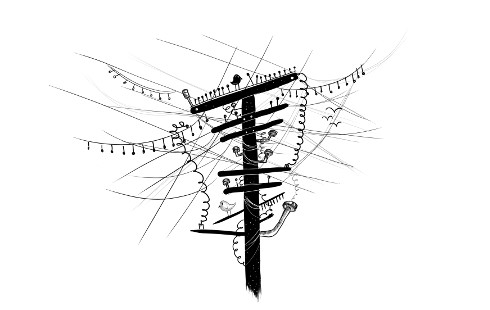 Illustration showing a telephone pole with a tangle of wires going in all directions