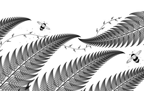 Illustration of fern leaves with a fractal shape, bees in the background