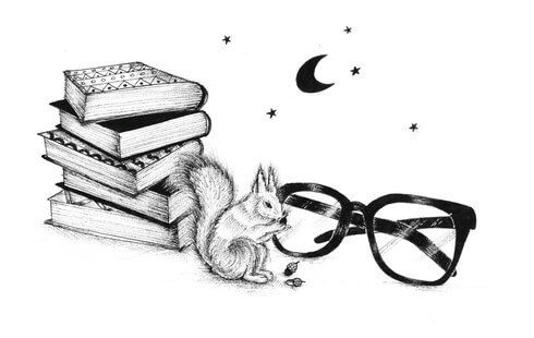 Illustration of a squirrel next to a pile of books and a pair of glasses. A moon and stars are visible in the background.