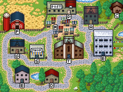 Pixel art illustration of a small village with 11 locations, labeled with letters, and roads going being them